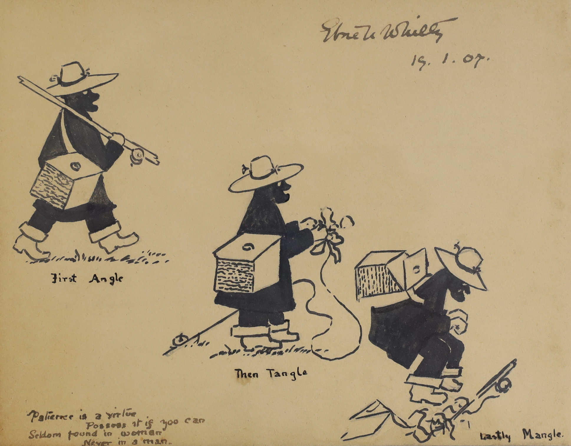 E. Whitty, humorous fishing interest ink cartoon with scripted border, ‘First Angle’, signed and dated '07, 19.5 x 15.5cm